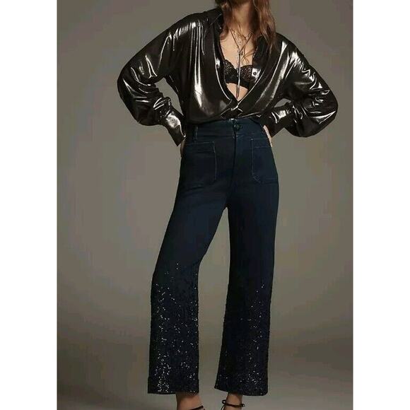 Anthropologie The Colette Cropped High-Rise Wide-Leg Jeans by Maeve: Sequin 24 T - Picture 1 of 5